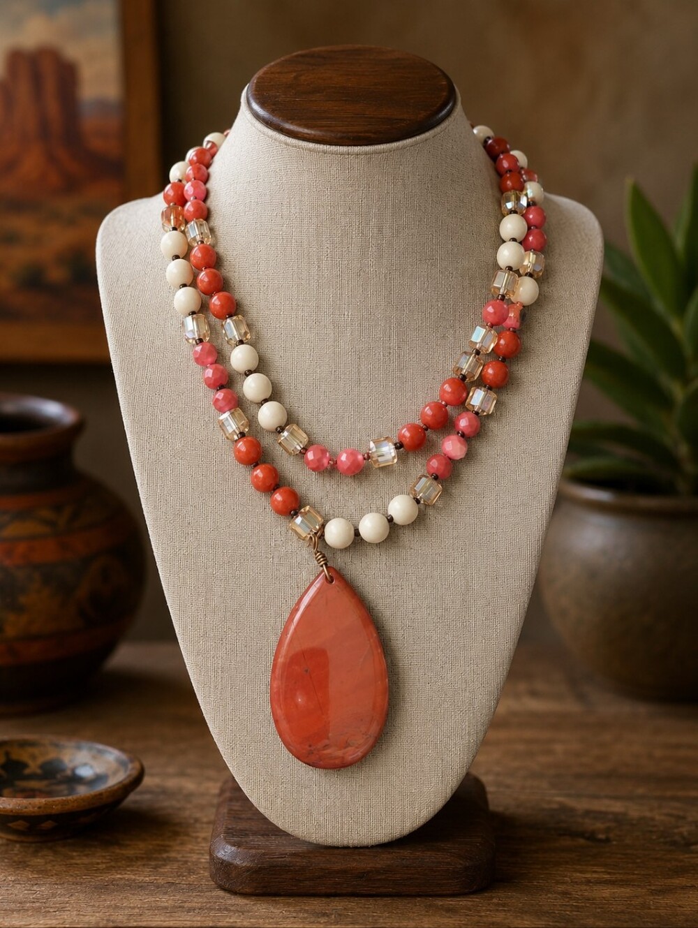 Handmade Red Jasper Rhodonite Crystal Multi Strand Pendant Necklace